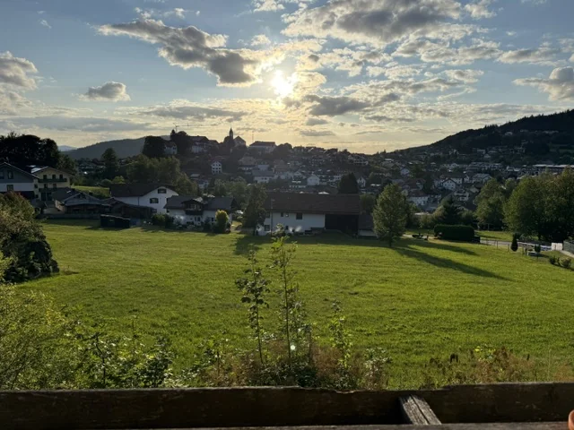 Blick über grüne Wiesen auf Bodenmais im warmen Sonnenlicht